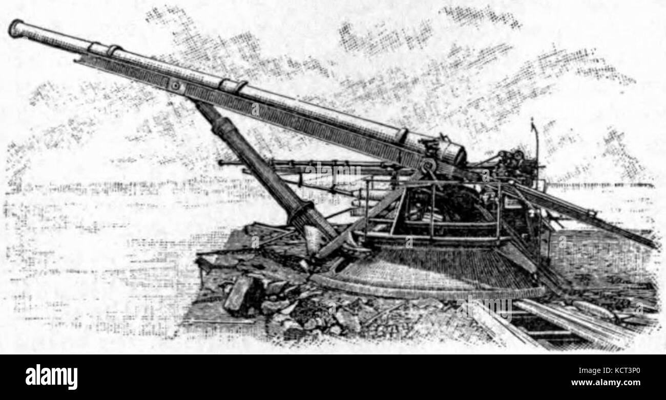 Le canon-torpille pneumatique à dynamite, conçu par Edmund Louis Gray et présenté dans *Appletons'*, fut un développement important dans la technologie militaire. Il utilise de l'air comprimé pour lancer des projectiles explosifs, marquant une avancée dans la guerre navale à la fin du XIXe siècle. Banque D'Images