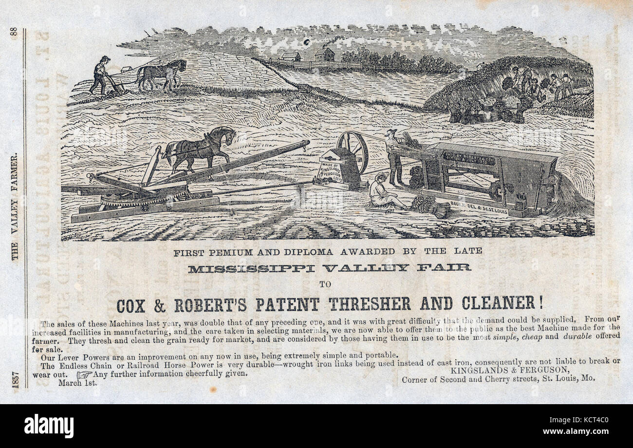 Cette publicité de *The Valley Farmer Monthly Agricultural Journal* (1857) fait la promotion de Cox et Robert's Patent Thresher and Cleaner, un outil agricole utilisé pour séparer les grains. Banque D'Images