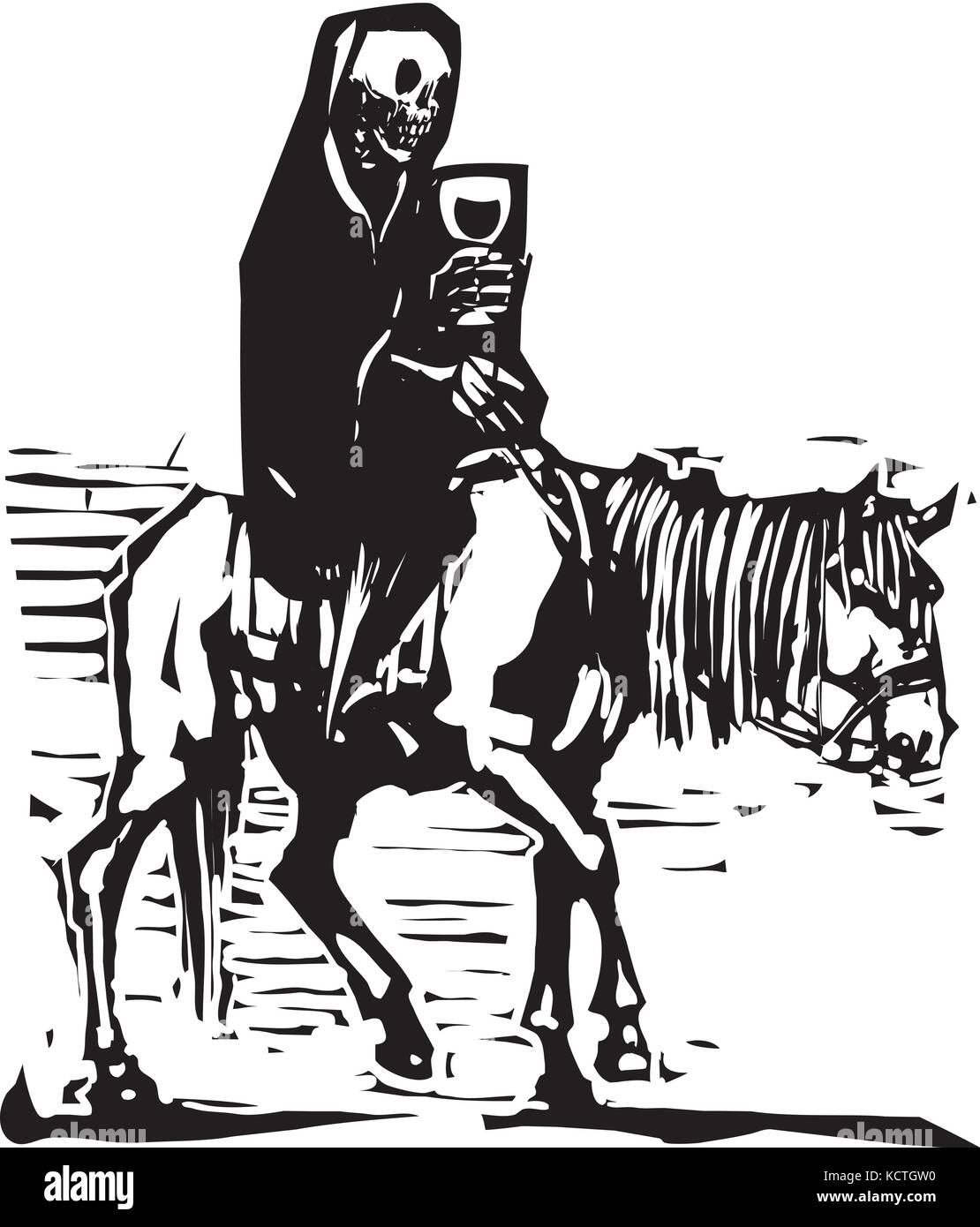 Woodcut style expressionniste image de la mort sur un cheval de boire du vin. Illustration de Vecteur