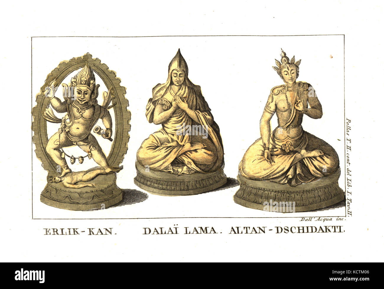 Les figures de divinités dans la religion : Erlik Khan kalmouk, Dalai Lama et Altan-Dschidakti. Illustration de Peter Simon Pallas' Voyages à travers les provinces du sud de l'Empire de Russie, 1812. La gravure sur cuivre par Dell'Acqua coloriée par Lazaretti de Giovanni Battista Sonzogno's collection des plus intéressants Voyages (Raccolta de Viaggi Uep Interessanti), Milan, 1815-1817. Banque D'Images