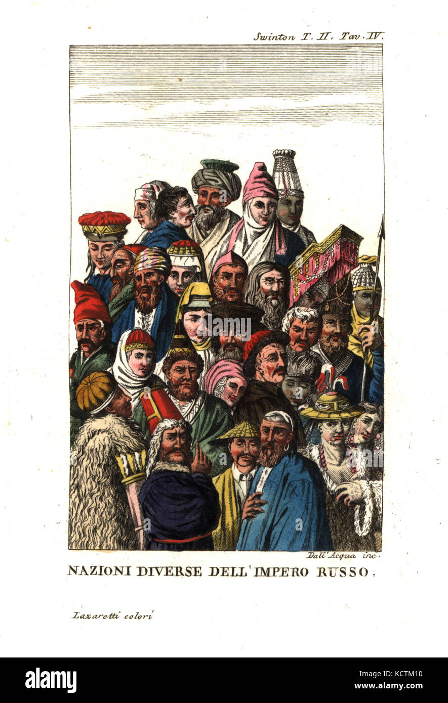 Diverses nations de l'Empire russe : les sibériens, Tongusians, des Kalmouks, des Tartares, des Finlandais, des Cosaques, etc. Illustrations de Andrew Swinton's voyages en Norvège, au Danemark et en Russie, 1792. La gravure sur cuivre par Dell'Acqua coloriée par Lazaretti de Giovanni Battista Sonzogno's collection des plus intéressants Voyages (Raccolta de Viaggi Uep Interessanti), Milan, 1815-1817. Banque D'Images