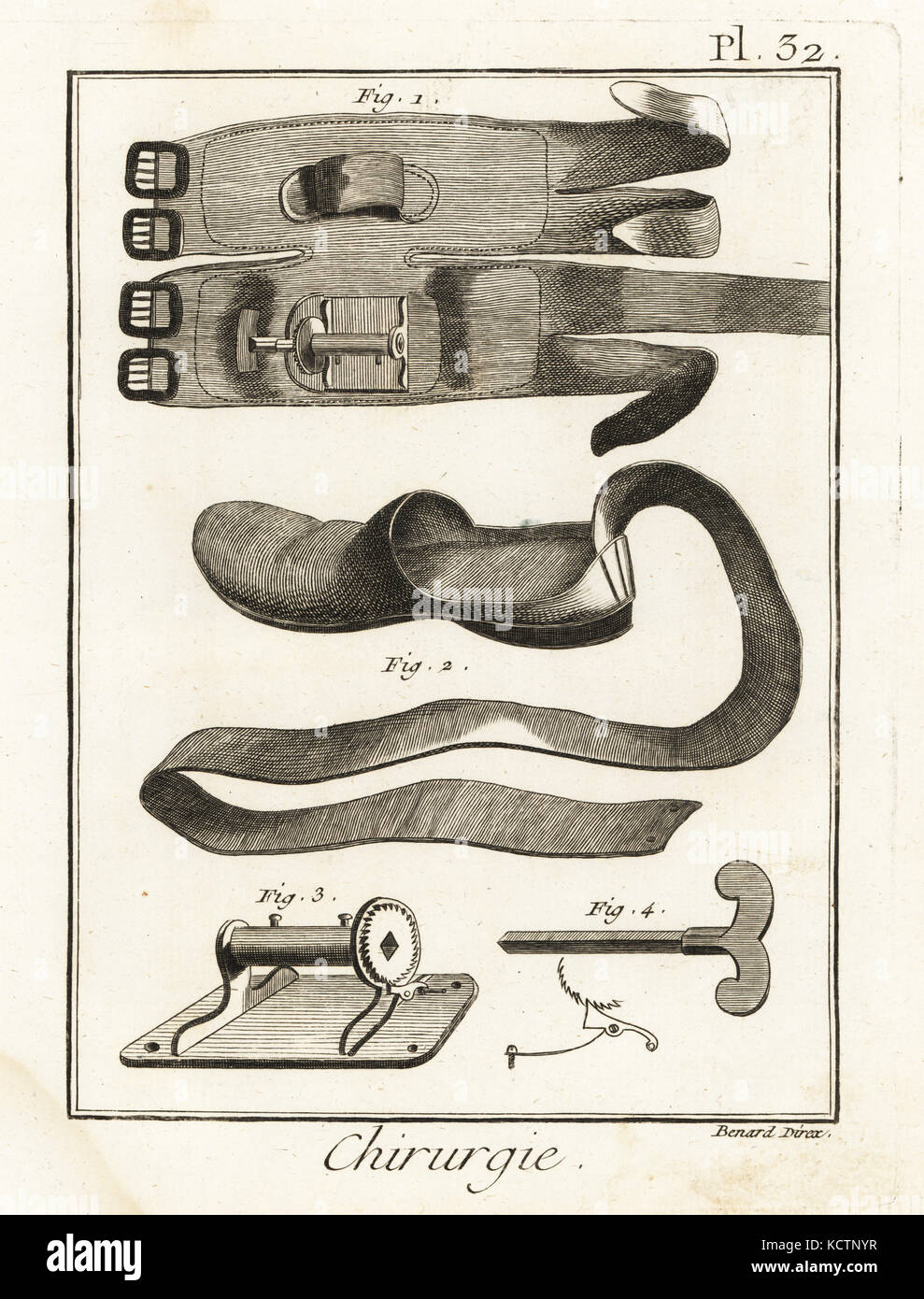 18e siècle knee pad 1, 2 patins, treuil 3 et 4 clés. La gravure sur cuivre par Robert Benard de Denis Diderot's Encyclopedia, Pellet, Genève, 1779. Banque D'Images