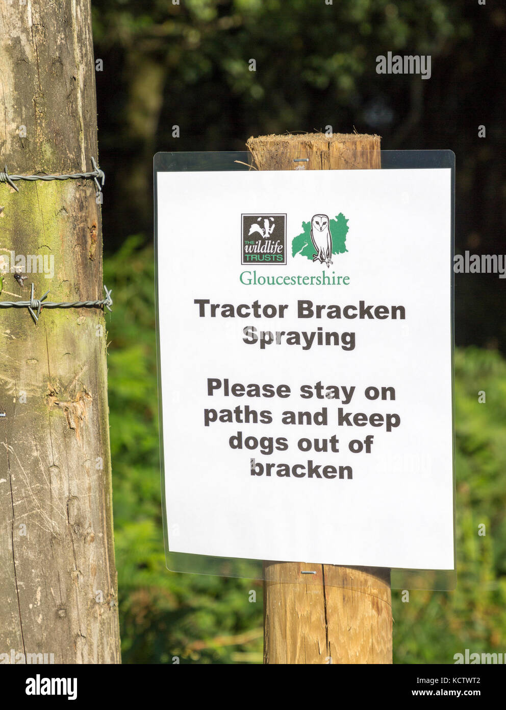 Pulvérisation Bracken panneau d'avertissement de rester sur les chemins, Gloucestershire, England, UK Banque D'Images