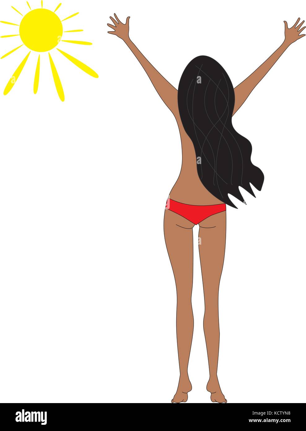 Une fille aux cheveux noirs bronzer sous le soleil. Illustration de Vecteur