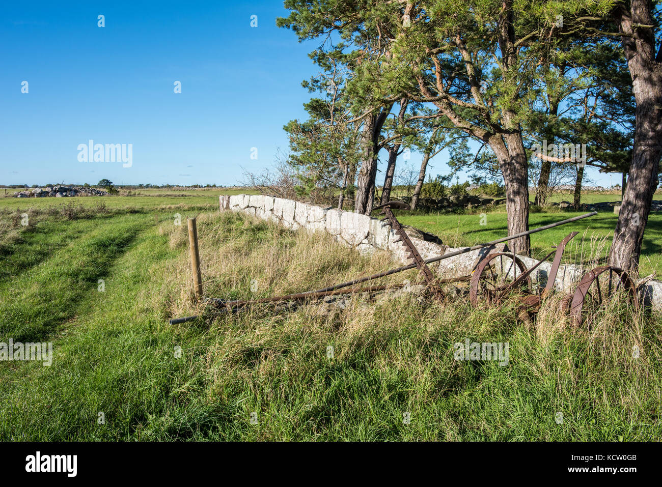 Vieux reaper traditionnel rouillé dans le paysage agricole de l'île suédoise de la mer Baltique Oland Banque D'Images