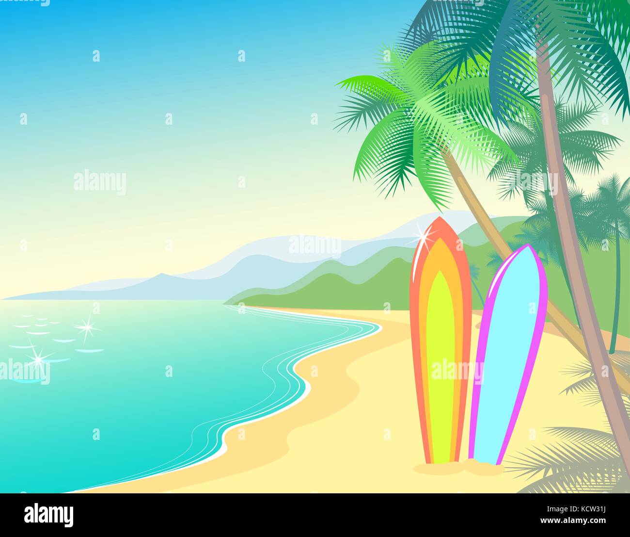 Tropic plage été paysage. mer vague chaude. Détendez-vous voyages vacances télévision vecteur surf. palmier océan bleu mer. Illustration de Vecteur
