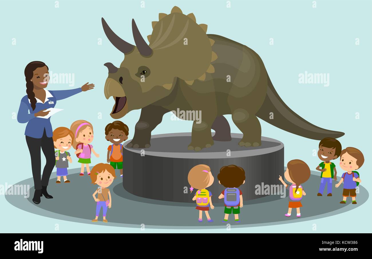 Les étudiants dans le musée paléontologique regardant dinosaure. vector illustration Illustration de Vecteur
