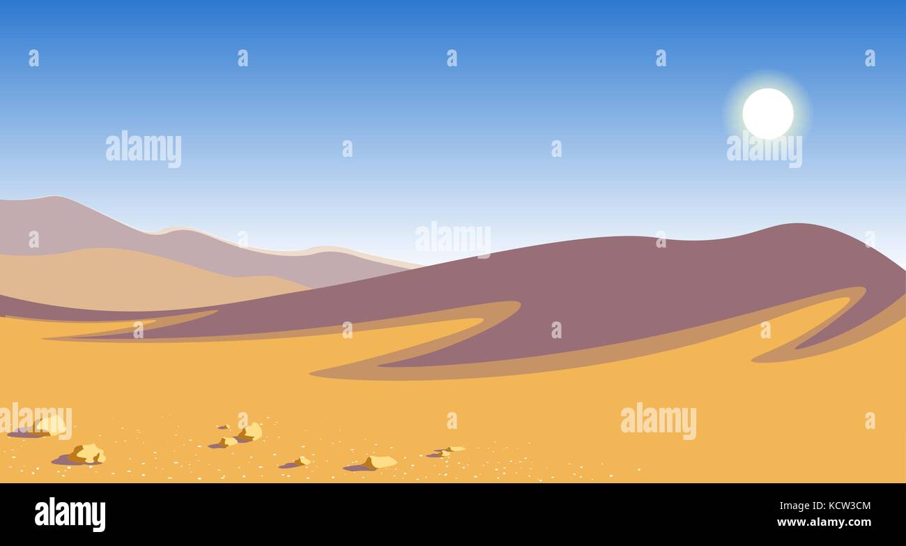 Le désert chaud. Les dunes de sable jaune ciel bleu soleil de plomb paysage naturel vector illustration Illustration de Vecteur
