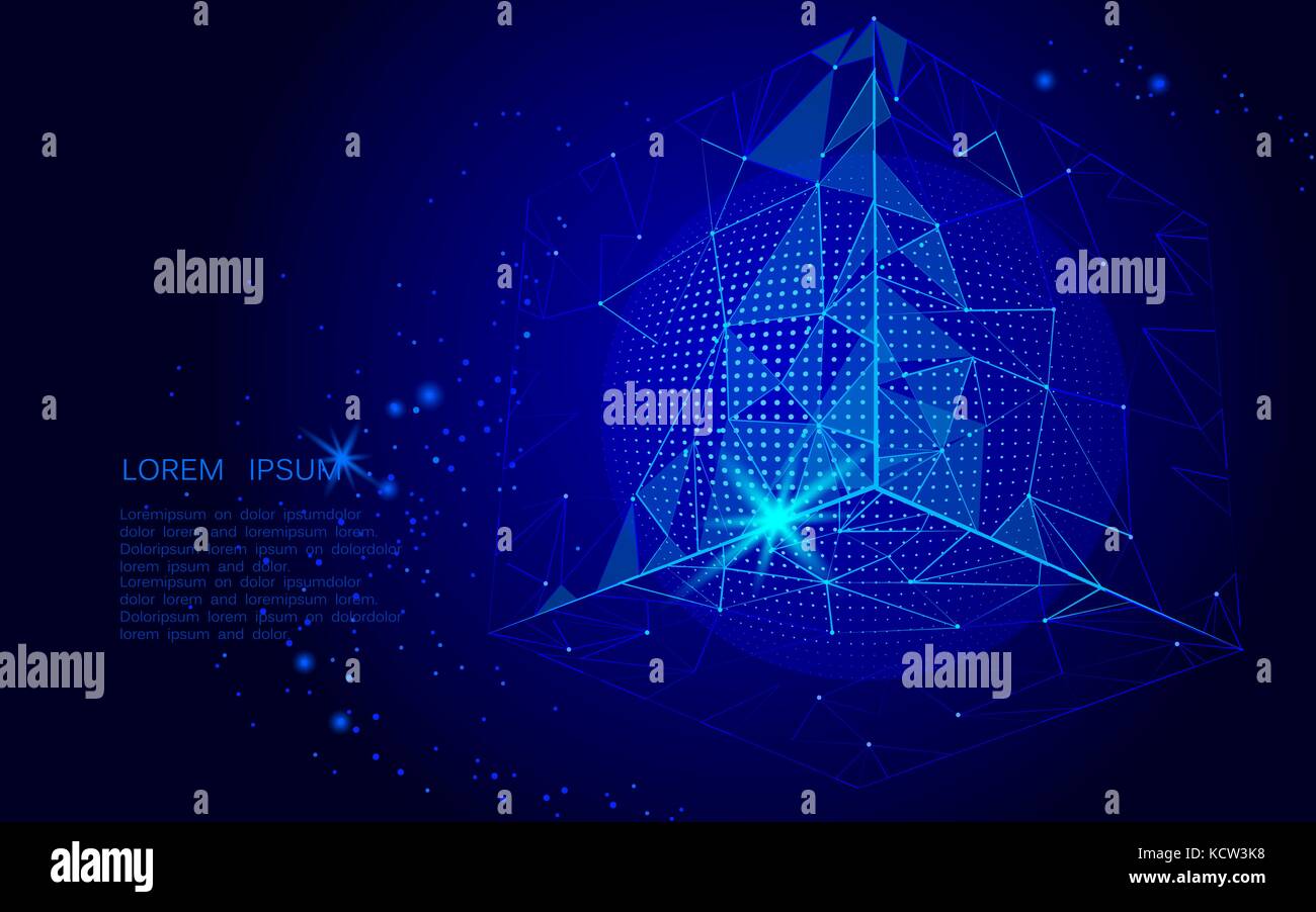 L'espace abstrait art cube triangle polygonale et globe. bleu foncé nuit ciel espace univers contexte points connectés isométrique point ligne vector illust Illustration de Vecteur