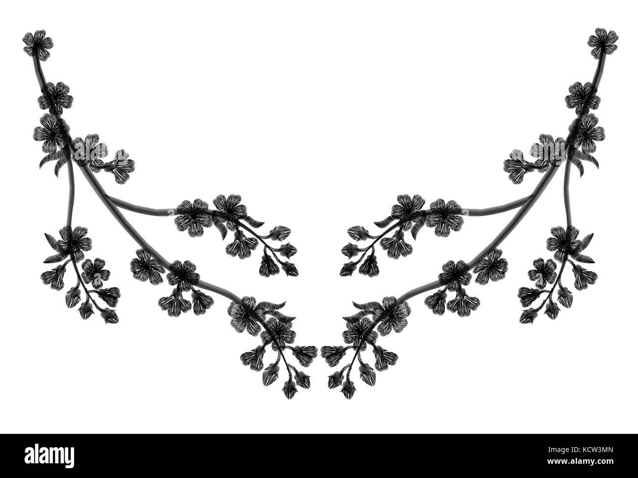 La broderie blossoming cherry branches sur un fond noir. pétales noir tomber. vêtements mode décoration. schéma traditionnel. vector illustrat Illustration de Vecteur