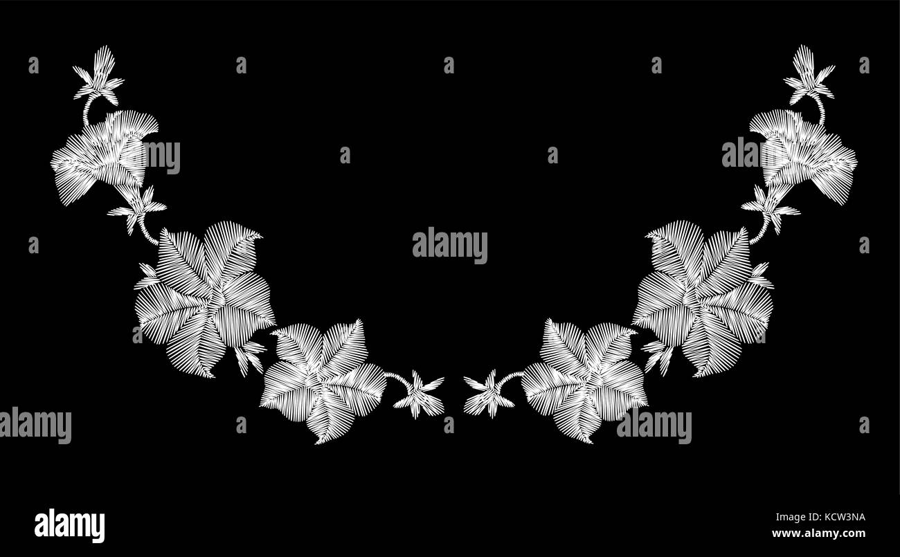 Blanc broderie fleurs sauvages sur un fond noir. imitation dentelle. à la mode décoration vêtements. schéma traditionnel. vector illustration Illustration de Vecteur
