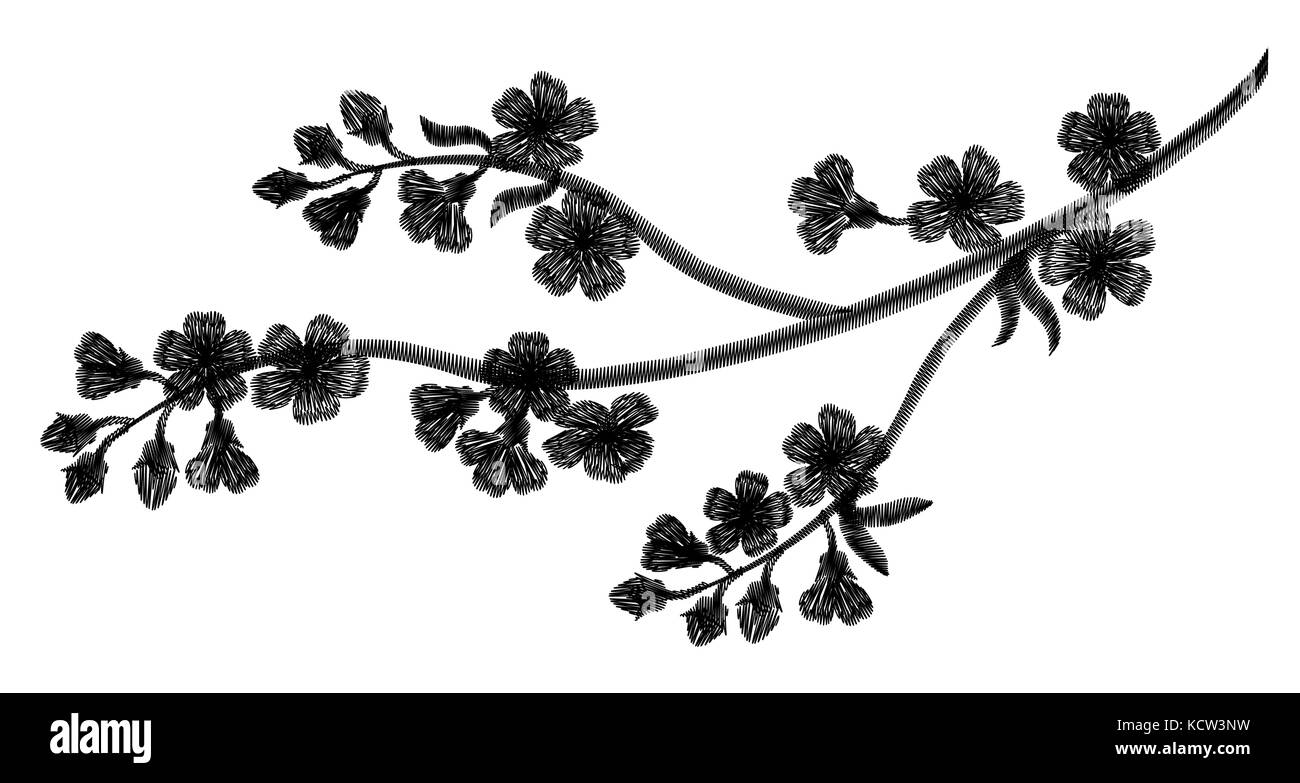 La broderie blossoming cherry branches sur un fond noir. pétales noir tomber. vêtements mode décoration. schéma traditionnel. vector illustrat Illustration de Vecteur