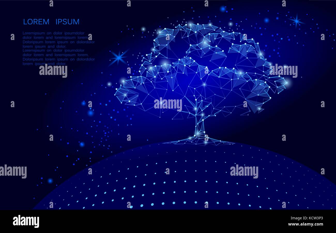 Arbre polygonal sur fond de ciel bleu foncé. abstract earth globe eco concept. connecté dot point de trajectoire de vie de l'art illustration vecteur racine Illustration de Vecteur