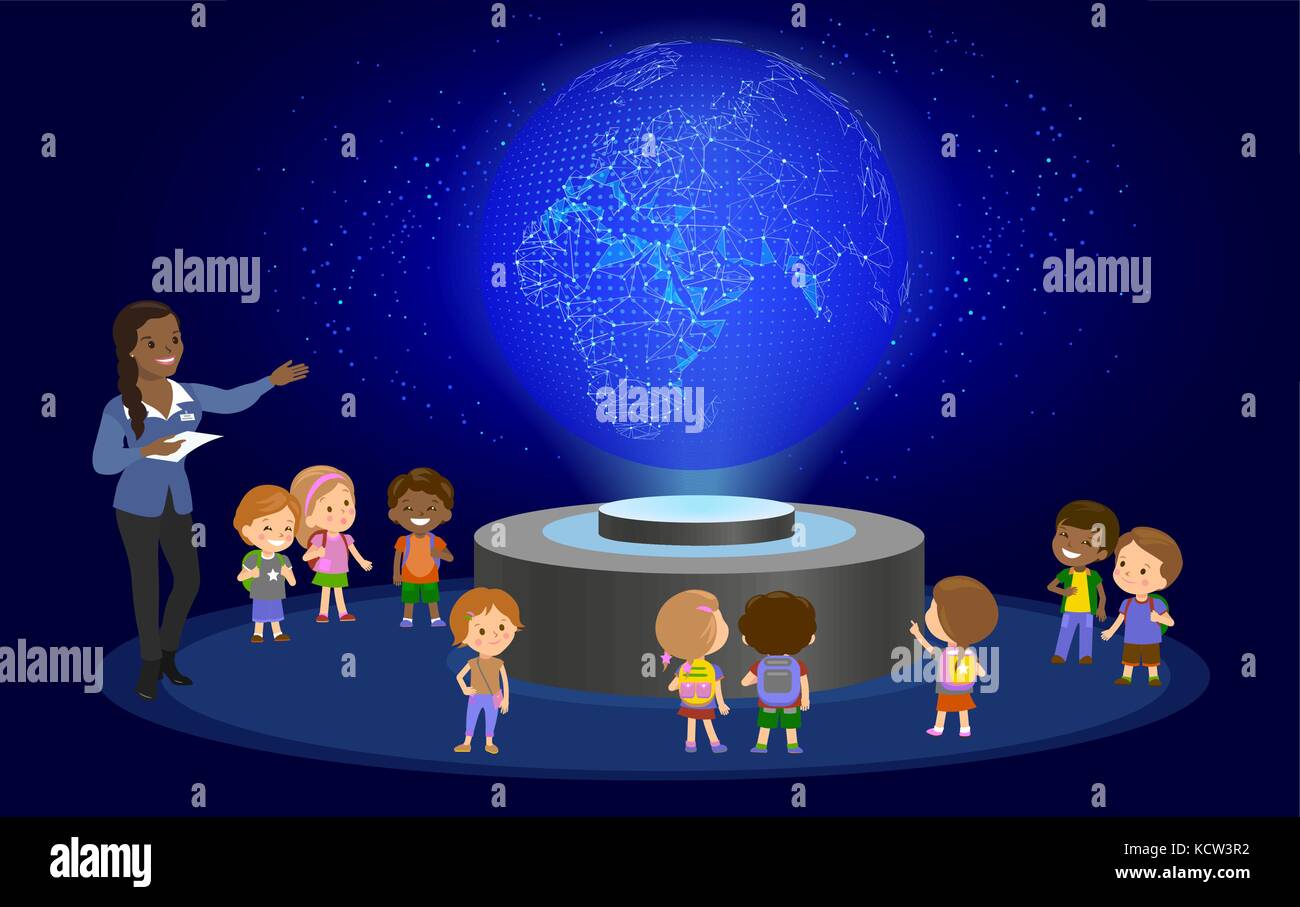 L'innovation de l'école élémentaire de l'éducation technologie de l'apprentissage et les personnes concept - groupe d'enfants à la recherche de la terre. hologramme sur leçon de l'espace futur musée Illustration de Vecteur