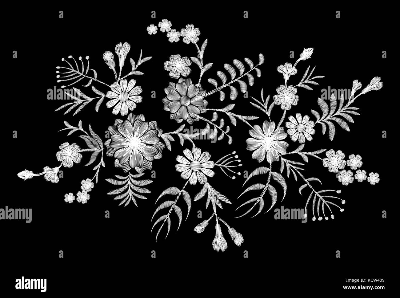 Motif dentelle de fleurs blanches sur un fond noir. imitation broderie. camomille, forget-me-not, gerbera, paisley encolure patch vintage rustique ve Illustration de Vecteur