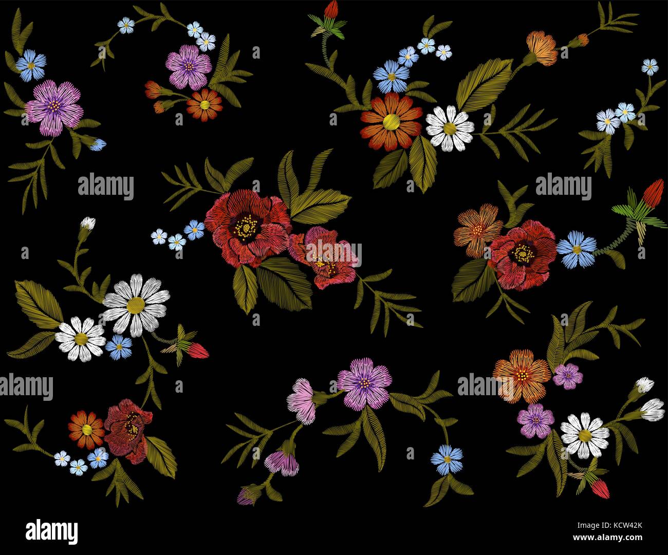 Broderie motif floral coloré avec chien roses et fleurs ne m'oublie pas. vecteur de mode populaire traditionnelle ornement sur fond transparent noir. Illustration de Vecteur