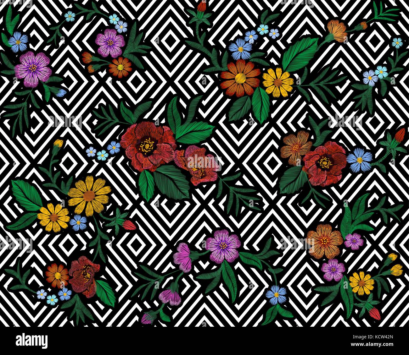 Broderie motif floral coloré avec chien roses et fleurs ne m'oublie pas. vecteur de mode populaire traditionnelle ornement sur fond transparent noir. Illustration de Vecteur