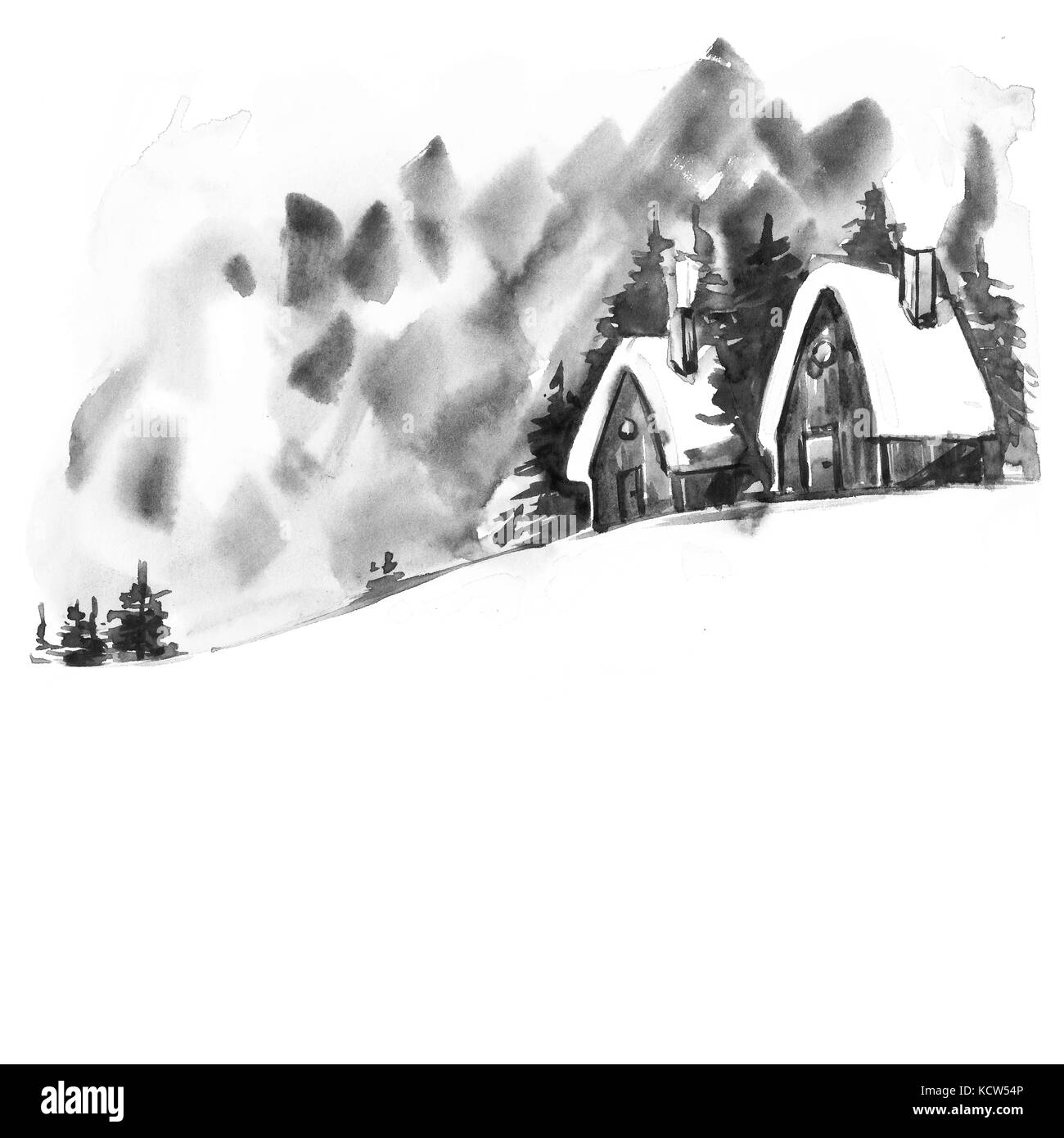 Aquarelle paysage d'hiver. vintage carte de vœux aquarelle de Noël avec un agréable paysage d'hiver paysage d'hiver forêt féerique. illustration à l'aquarelle. Banque D'Images