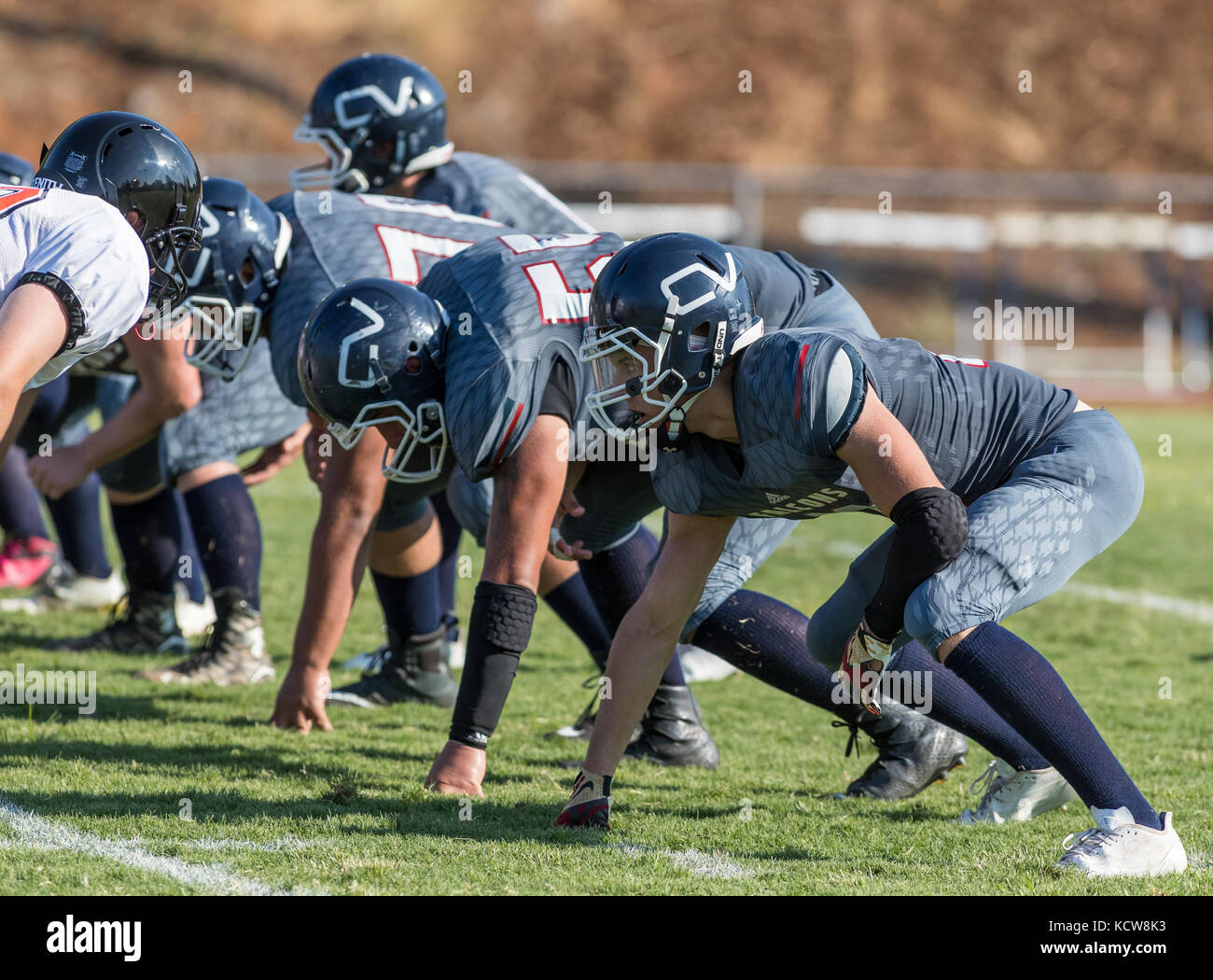 L'action de football avec arcata vs. central valley high school de ville de Shasta Lake, en Californie. Banque D'Images