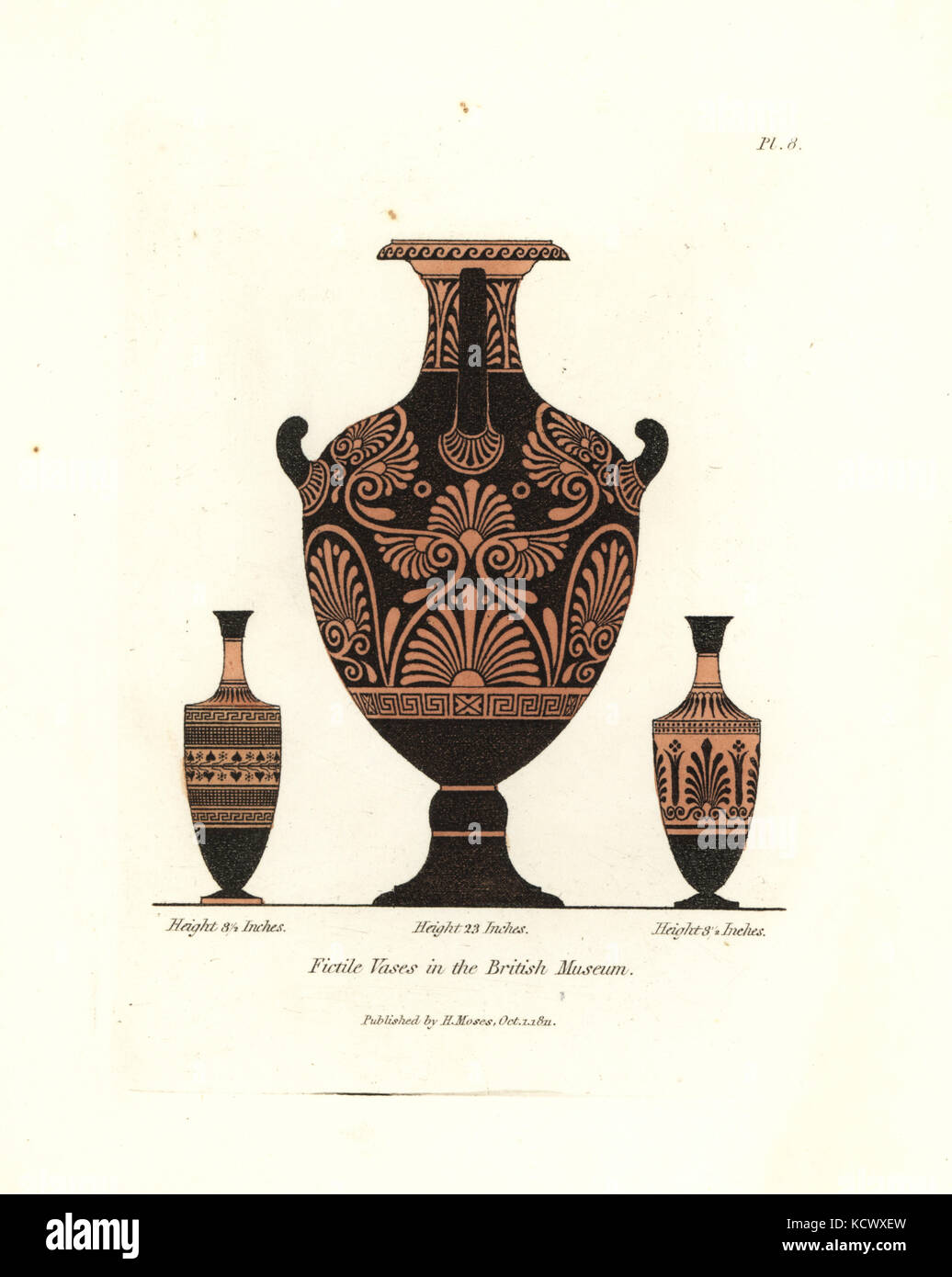 Fictile vases de la British museum. vases en argile rouge noir avec motifs  décoratifs. coloriée à la gravure sur cuivre par Henry Moïse à partir d'une  collection de vases antiques, autels, etc.,