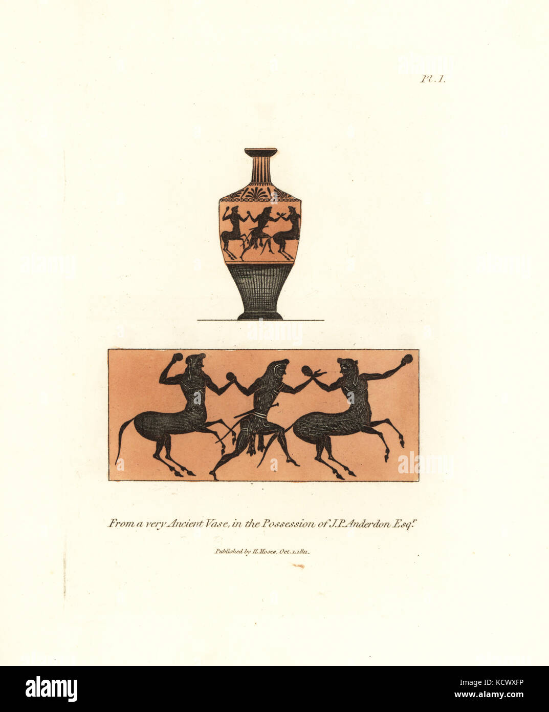 Vase antique en la possession d'Anderdon, J.P.. vase de terre rouge avec noir et élégant de l'homme dans lionskin (Hercule) lutte contre centaures. coloriée à la gravure sur cuivre par Henry Moïse à partir d'une collection de vases antiques, autels, etc., Londres, 1814. Banque D'Images