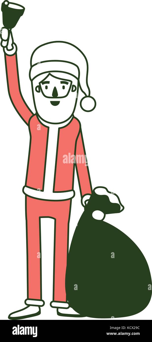 Santa Claus caricature corps plein détenant une part bell et sac-cadeau avec chapeau et costume sur la couleur de la section d'ossature Illustration de Vecteur