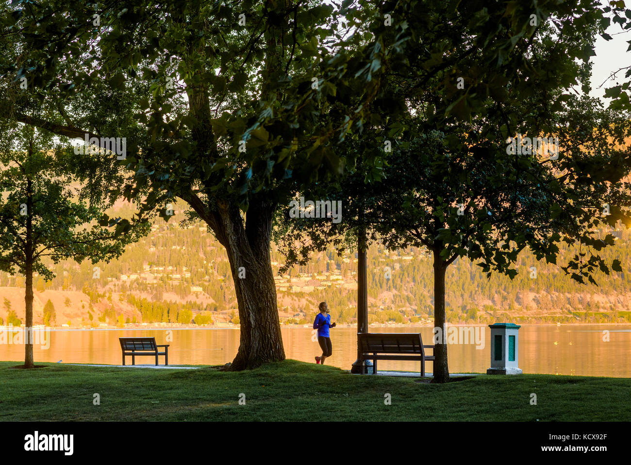 Woman jogging in City Park, Kelowna, Okanagan, Colombie-Britannique, Canada. Banque D'Images