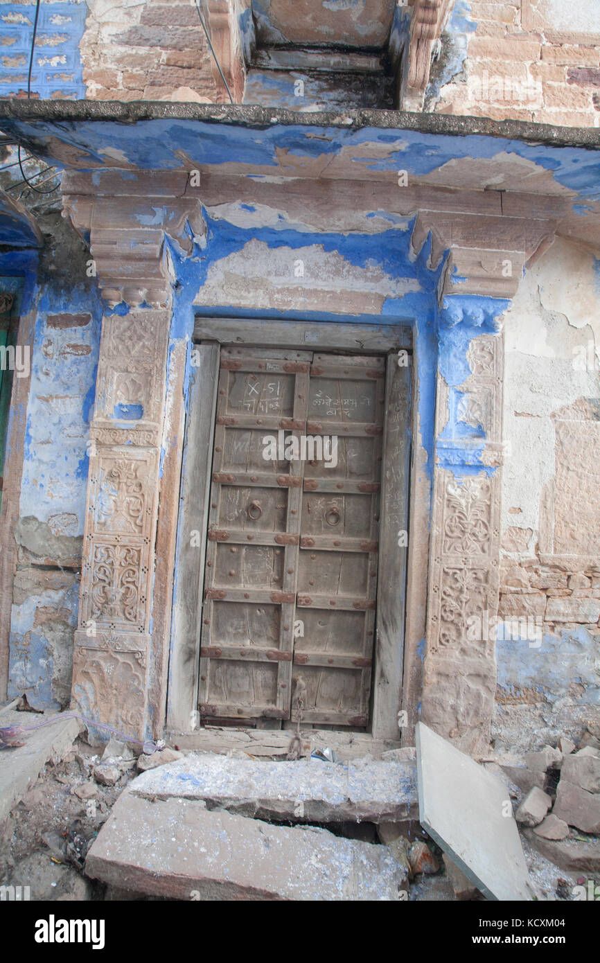 Vieux travaux de bois à la maison au Rajasthan, inde Banque D'Images
