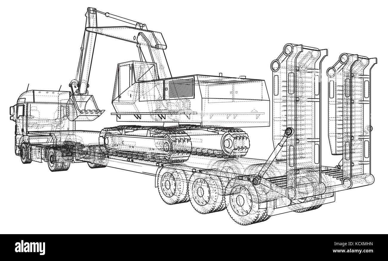 Lit bas et remorque camion excavateur.. fil de fer format vecteur eps10. Le rendu de la 3d Illustration de Vecteur