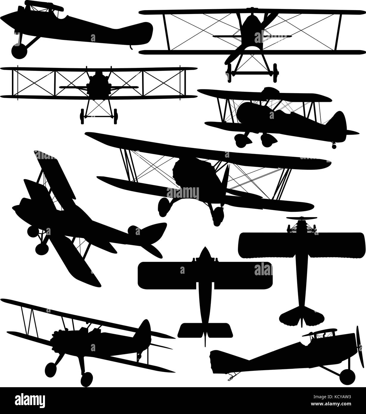 Silhouettes de vieil avion - contours de biplans Illustration de Vecteur