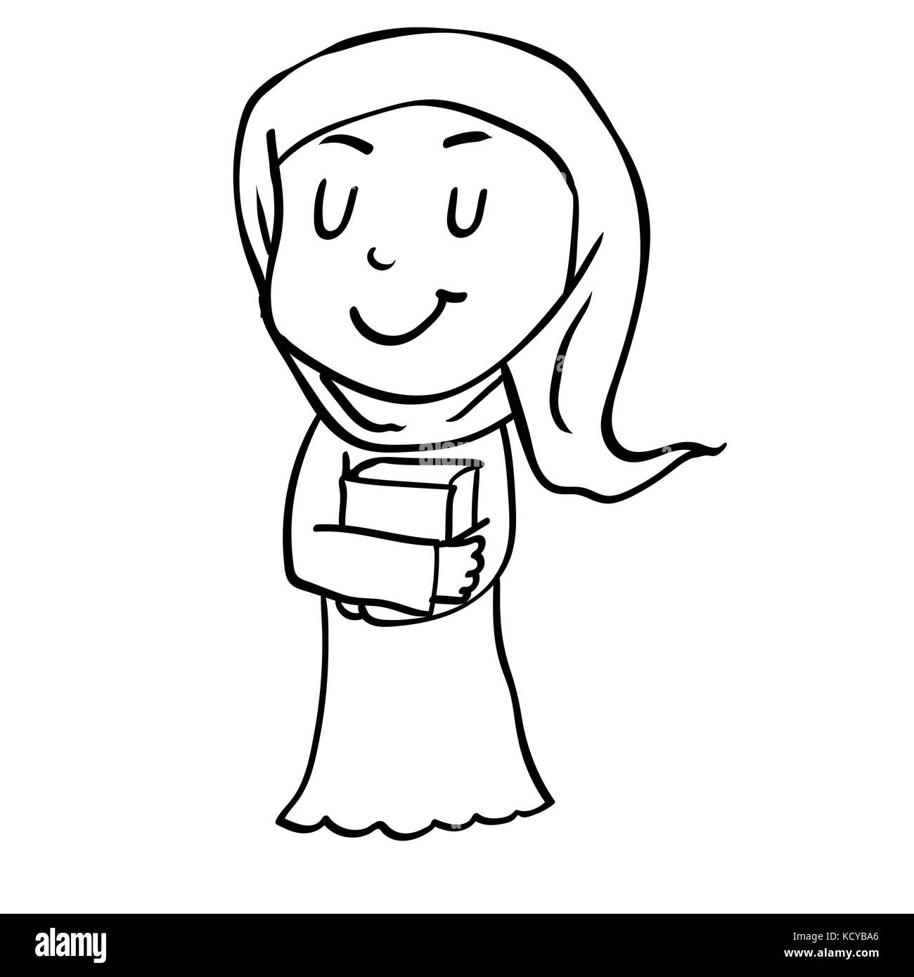 Dessin à la main des musulmans cartoon girl holding book isolé sur fond blanc. noir et blanc simple ligne vector illustration pour livre de coloriage - lin Illustration de Vecteur