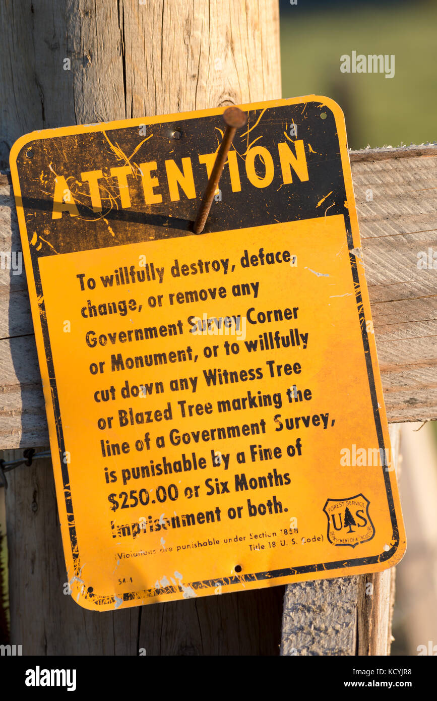 L'enquête du gouvernement, marqueur - whitman wallowa national forest, de l'oregon. Banque D'Images