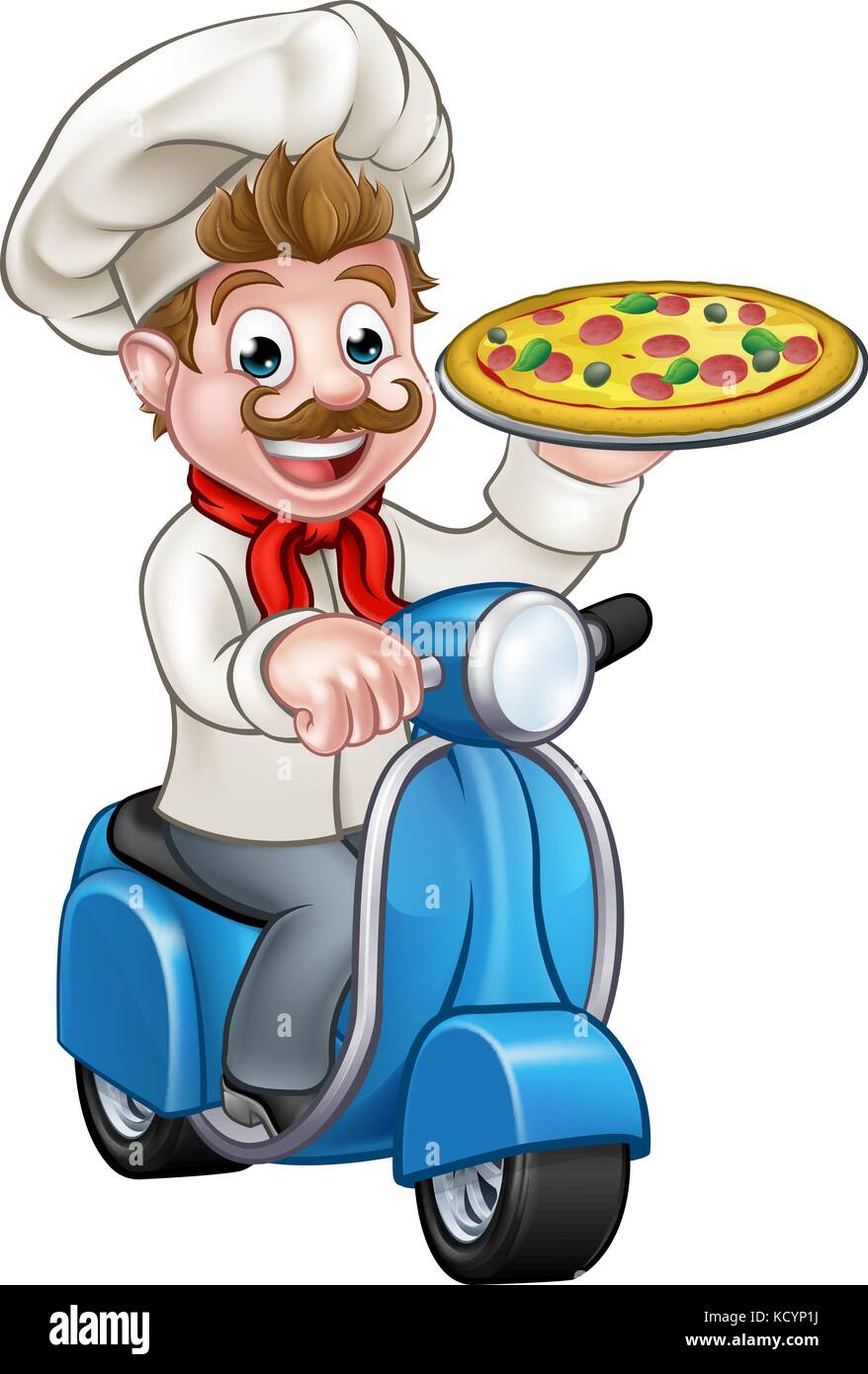 Caricature Pizza Chef sur livraison Scooter à mobylette Illustration de Vecteur