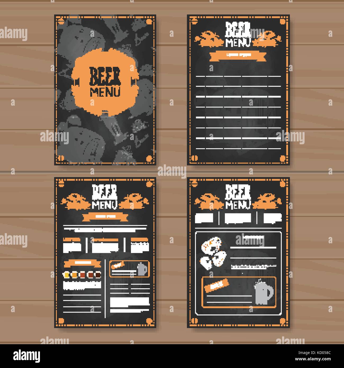 Jeu de la bière design pour restaurant cafe pub à la craie sur fond texturé en bois Image