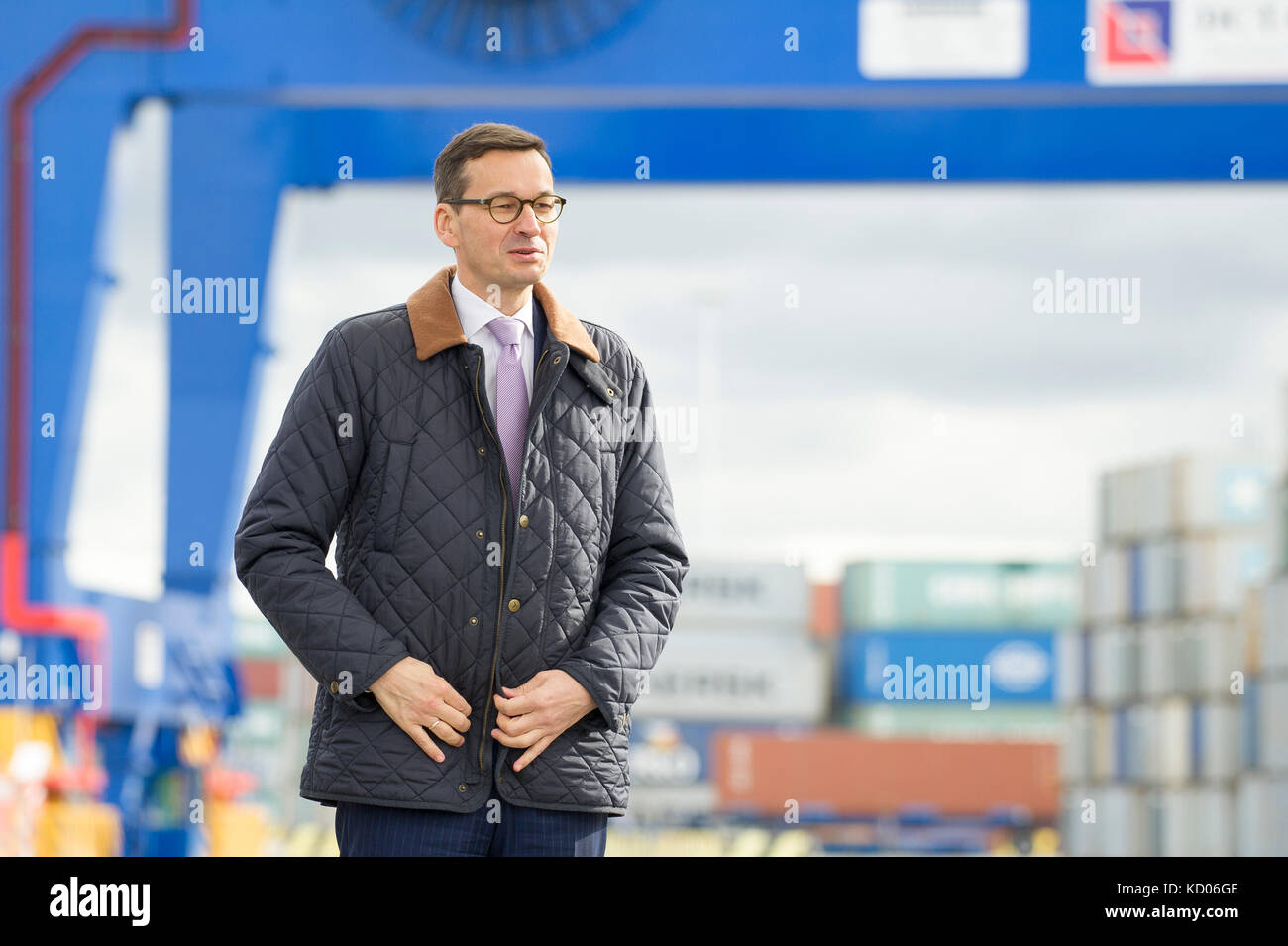 Mateusz Morawiecki Vice-premier ministre, ministre du Développement et du ministre de l'Finanse dans Terminal à conteneurs en eaux profondes DCT à Gdansk, Pologne. 7 octo Banque D'Images