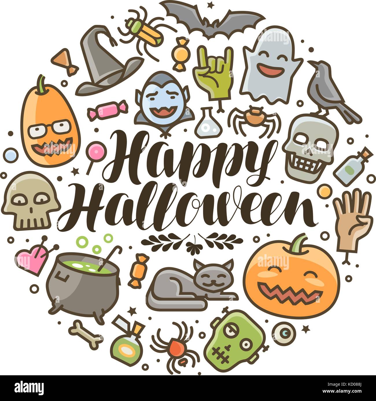Joyeux Halloween carte de voeux ou bannière. Icônes vacances définies. Illustration vectorielle de dessin animé Illustration de Vecteur