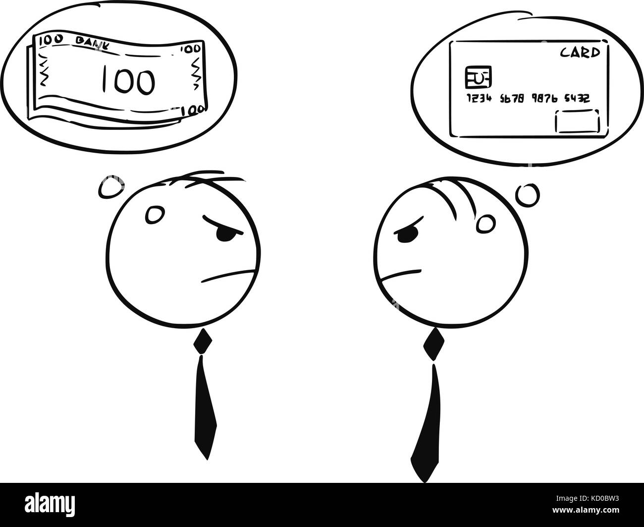 Cartoon stick man illustration de deux affaires à discuter de la trésorerie et de l'argent par carte de crédit. Illustration de Vecteur