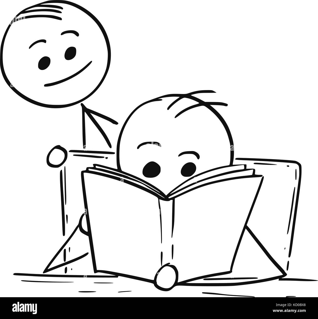 Cartoon stick man illustration de garçon ou un homme lisant un livre et un autre homme se tenant derrière lui. Illustration de Vecteur