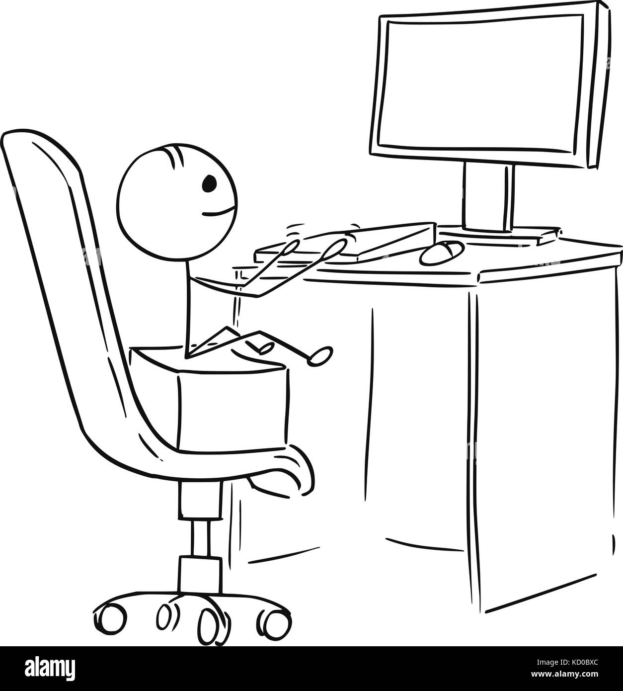 Cartoon stick man illustration du garçon assis sur la chaise de bureau et la saisie de travail jouant sur ordinateur de bureau. Illustration de Vecteur