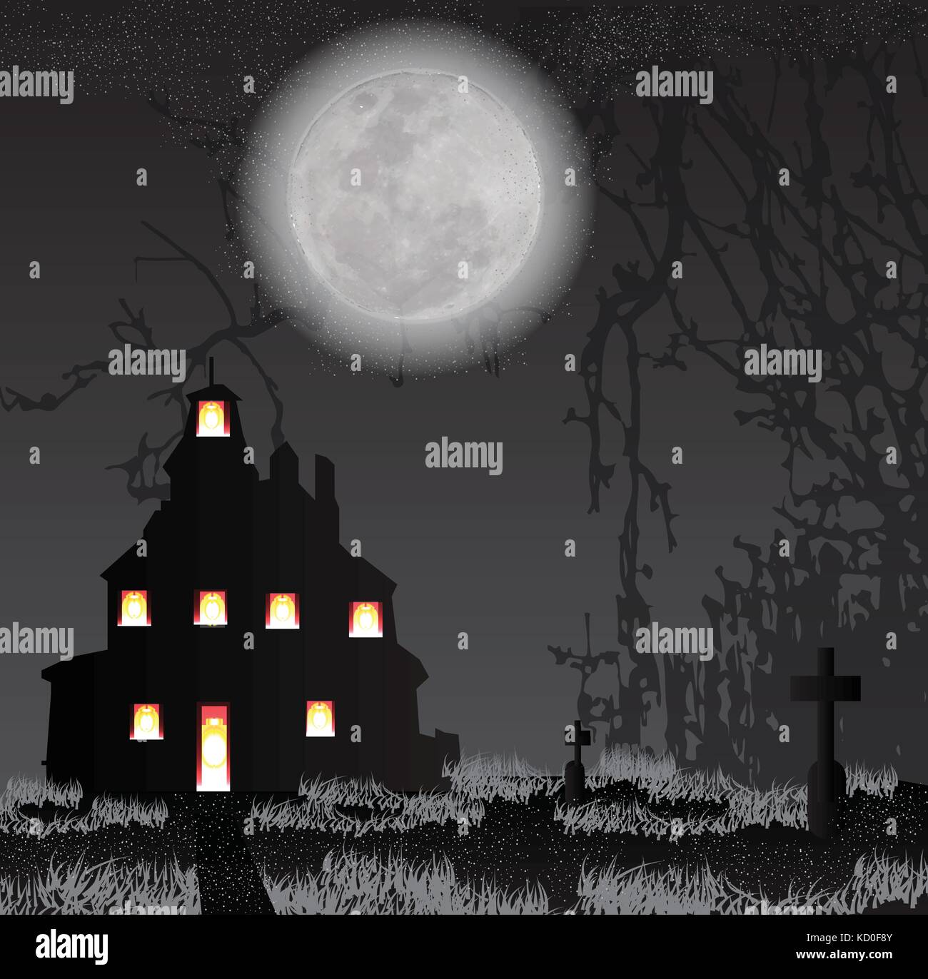 Sur fond d'halloween dark night avec pleine lune et château de fond, cimetières, effrayant et silencieux ,croix sur champs las,château hanté, l'arbre mort. Illustration de Vecteur