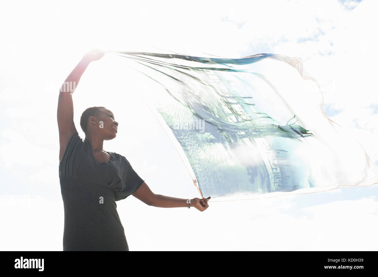 Portrait of young woman on beach, holding diaphane écharpe Banque D'Images