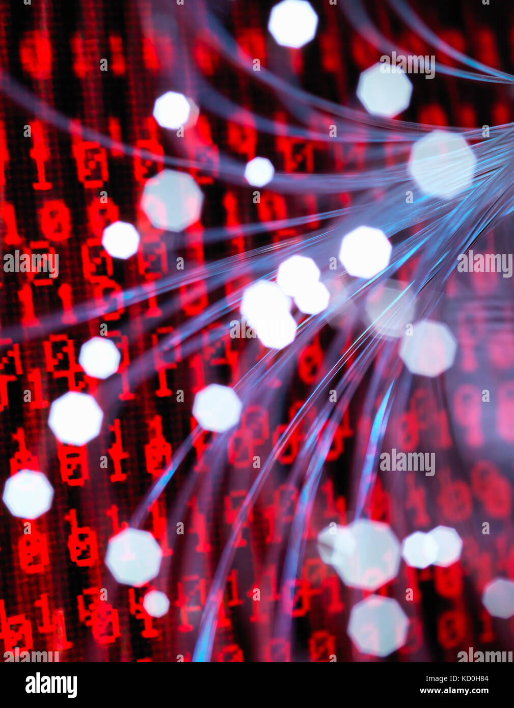 La fibre optique acheminant des données d'attaquer un ordinateur portable qui a un virus Banque D'Images