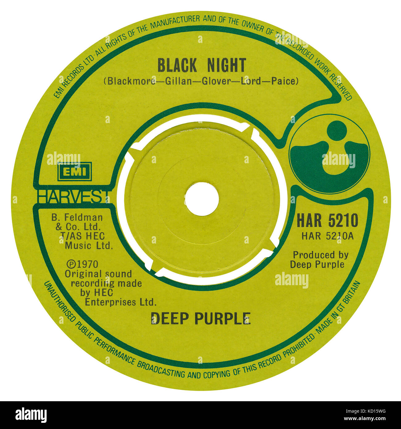 45 TR/MIN 7' UK record label de Black Knight par Deep Purple sur l'étiquette de la récolte de 1970. Banque D'Images