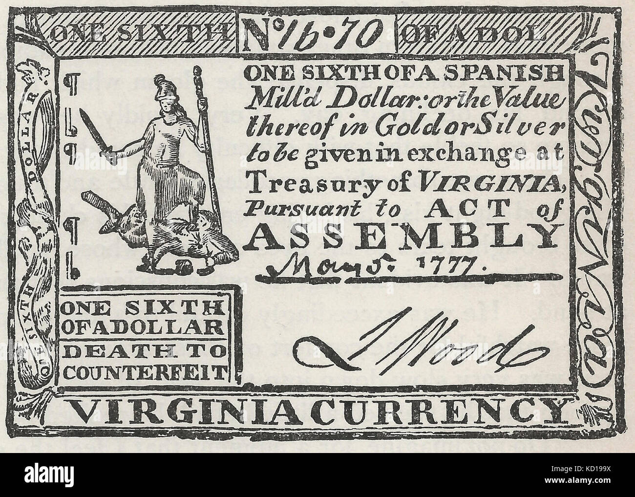 État de Virginie Service au moment de la Révolution américaine, un sixième d'un dollar, 1777 Banque D'Images