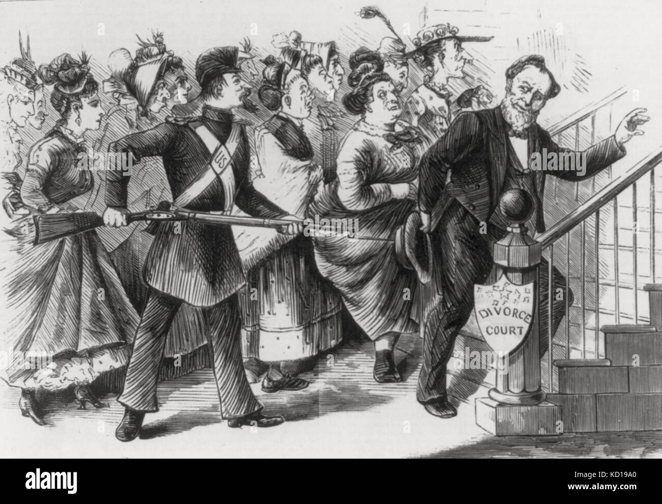 'Qu'il est tenu de venir à" - soldat américain Brigham Young en forçant la cour de divorce. Caricature politique, 1873 Banque D'Images