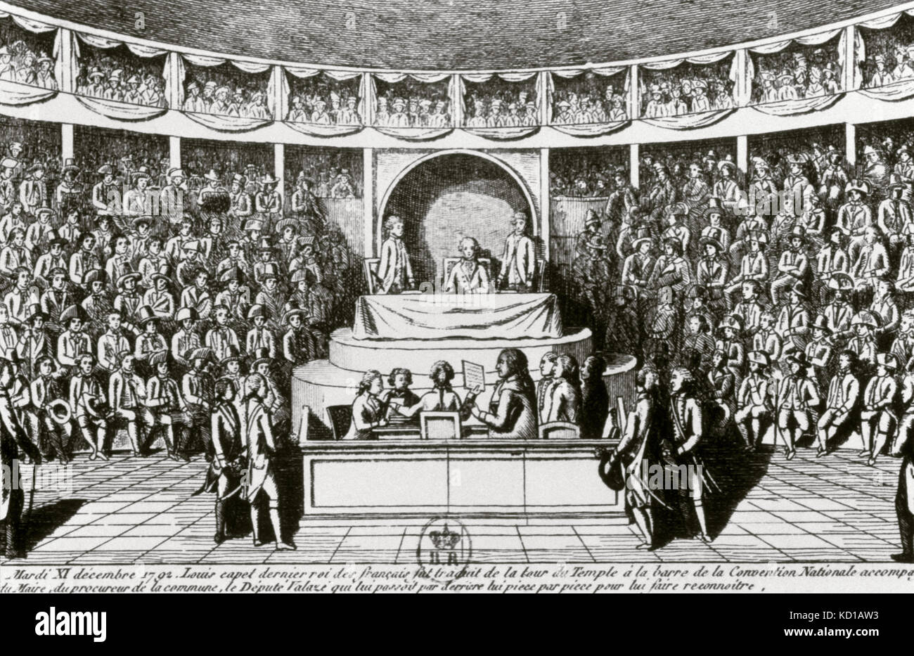 La Révolution française (1789-1799). Convention nationale. Interrogatoire du roi Louis XVI devant la Convention nationale, 11 décembre 1792. Gravure d'un journal de l'époque Banque D'Images