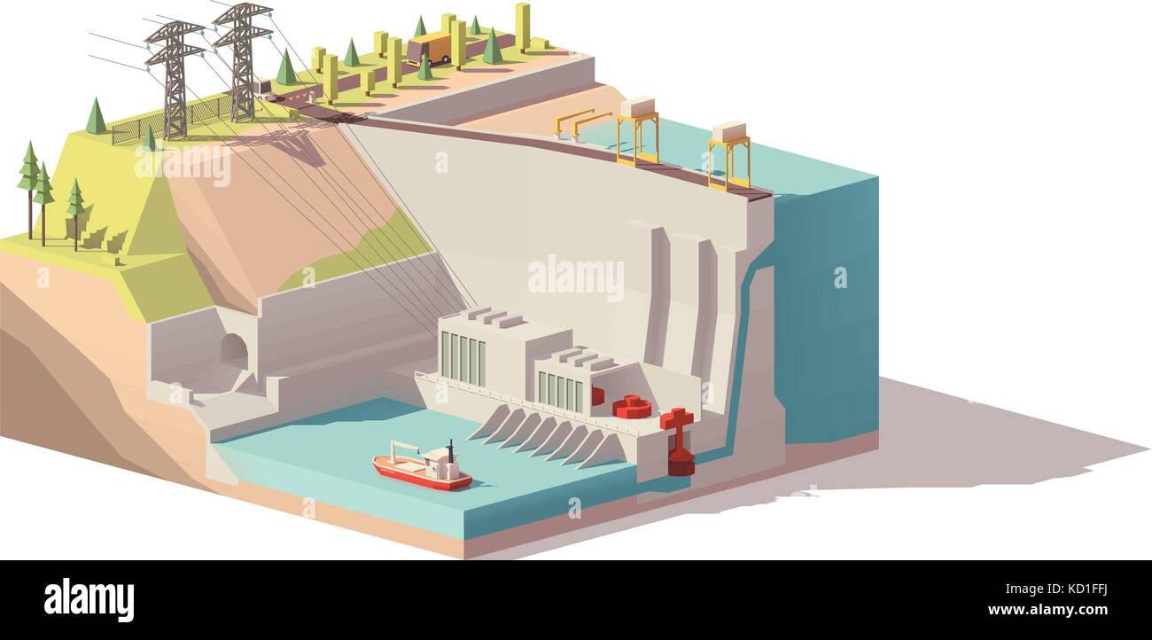 Vector poly bas station d'énergie hydroélectrique Illustration de Vecteur