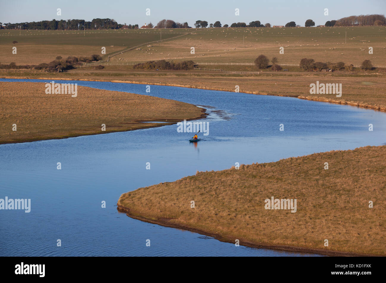 Cuckmere haven cuckmere, estuaire, zone des plaines d'inondation dans la région de East Sussex, réserve naturelle surplombant les sept soeurs falaises et embouchure, England uk Banque D'Images