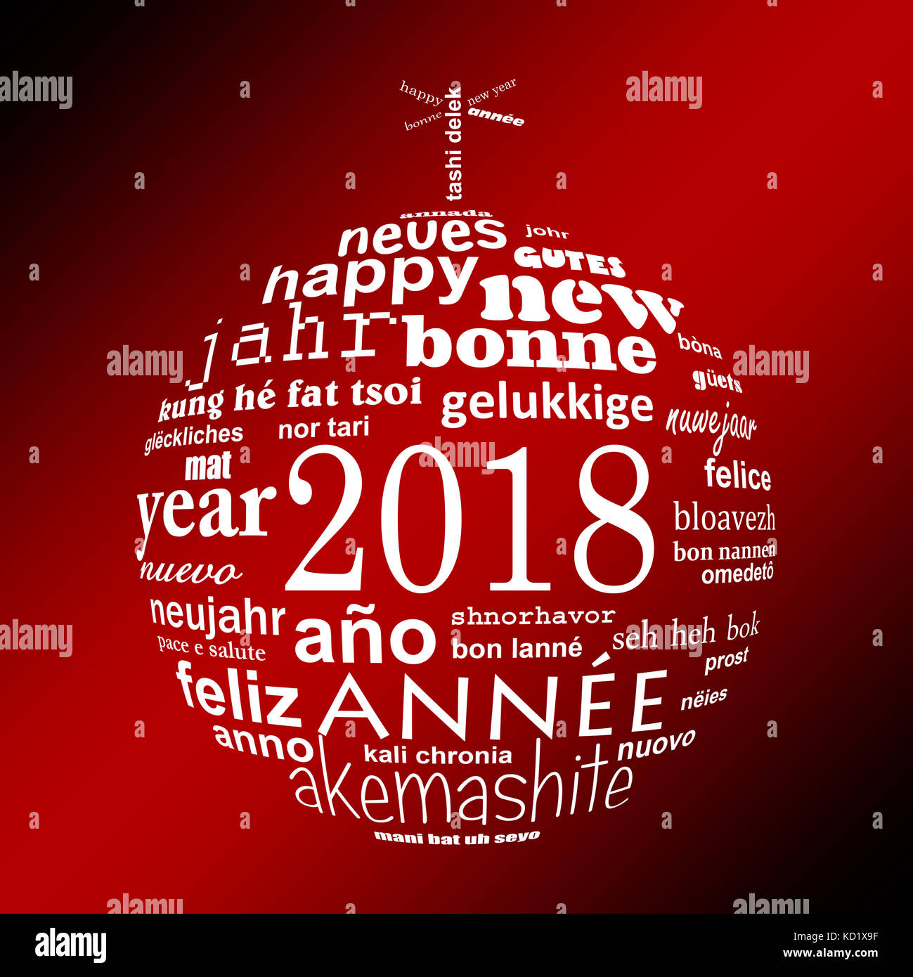 Nouvel an 2018 nuage de mots de texte multilingue carte de souhaits en forme de boule de Noël blanc sur fond rouge Banque D'Images