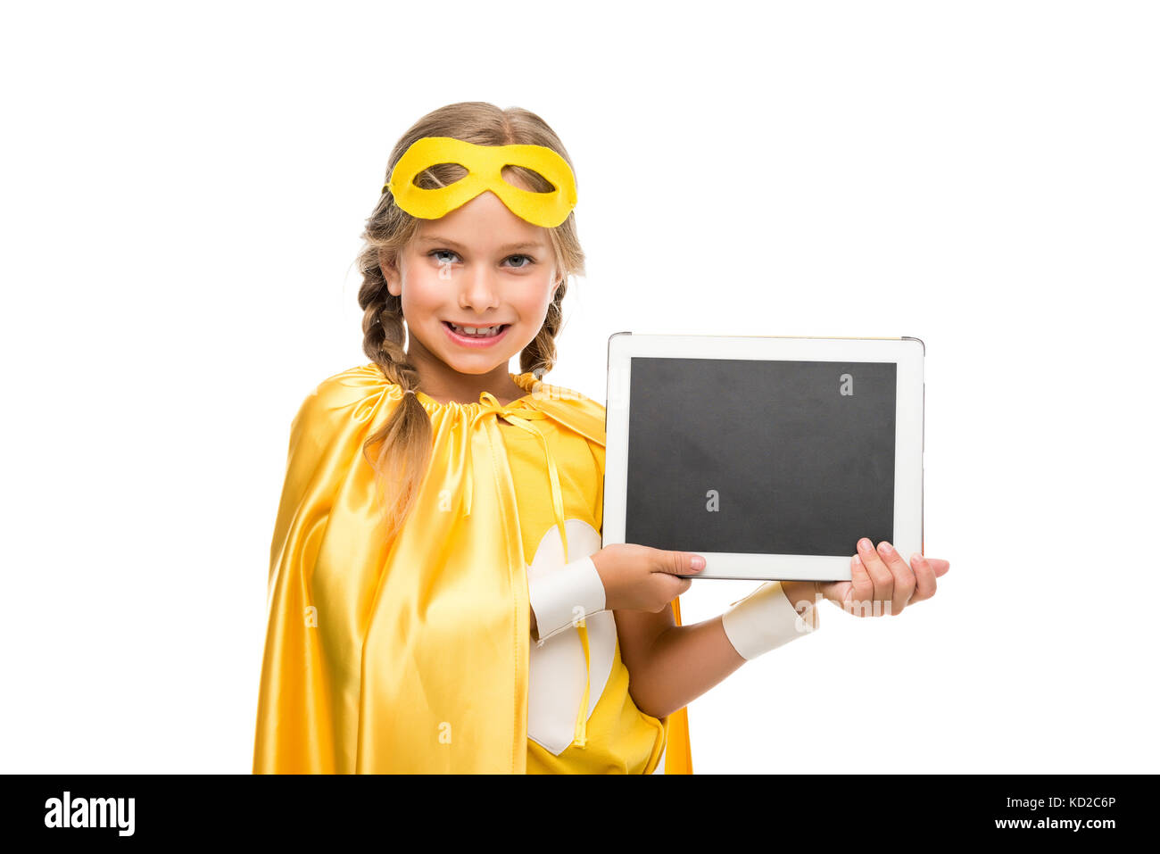Supergirl with digital tablet Banque D'Images